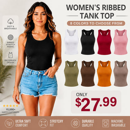 💥Round Neck Built-in Bra Ribbed Tank Top Fit Casual Comfortable